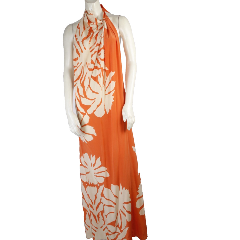 Johanna Ortiz Guitar Joy Orange Floral Silk Halter Maxi Dress Size 2 Backless